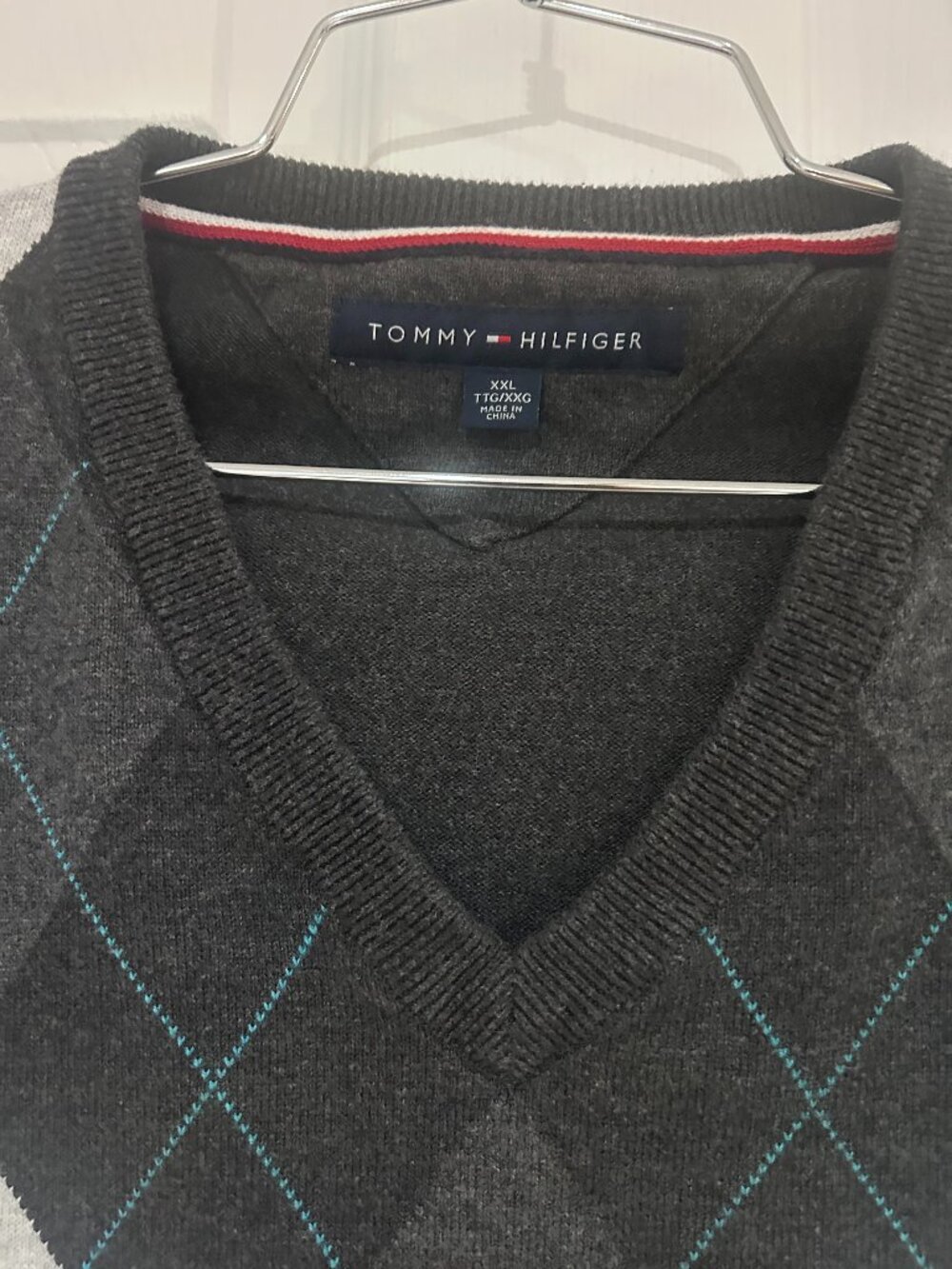 Tommy Hilfiger Grey Argyle V-neck Long Sleeved Sweater XXL